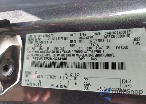 2017 Ford F-150 Xlt из США, поврежденный, VIN 1FTEW1EP3HKC33189